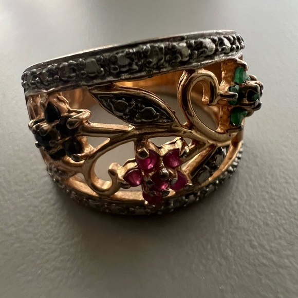 Vintage 925 Sterling Silver Gold Plated Flower Vine Ring - Picture 2 of 9